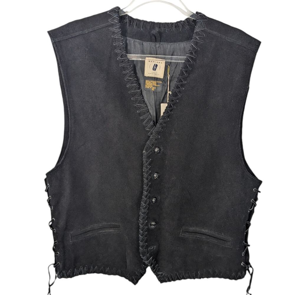 VTG Horizon Bloomingdales Black Suede Vest Lace Up Sides Cross Stitch XL NWT